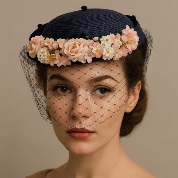 Vintage Accessories - Vintage 1950s Jean Arlett Navy Floral Hat w/ Veil Netting Makoff Salt Lake City